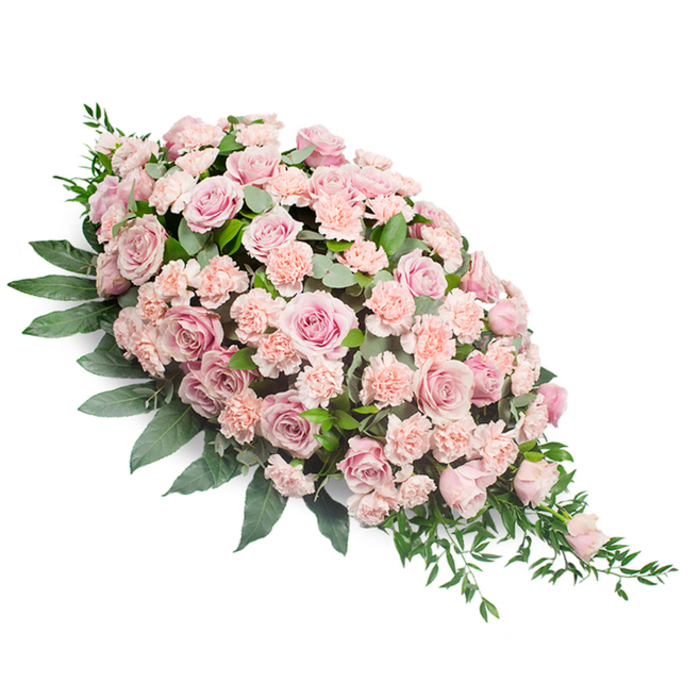 The image shows a beautifully composed sympathy spray, arranged in a traditional teardrop shape that feels both structured and natural, as though it has been gently laid down with care. At the top left, the arrangement is full and rounded, dominated by clusters of soft pink roses; their petals unfold in tight spirals and generous cups, with tones ranging from very pale blush to slightly deeper, antique pink. Moving gradually towards the lower right, the flowers become more tapered, guiding the eye along a graceful diagonal line until they resolve in a delicate, pointed tip. Light peach-pink carnations nestle closely among the roses, their finely ruffled petals adding volume and a tactile richness, like layers of chiffon between satin. Underneath and around the flowers, deep green foliage forms a generous bed: broad, ovate leaves support the main mass of blooms, while more slender, trailing greenery extends from the edges, especially near the narrow end, suggesting gentle motion. The arrangement rests against a pure white background, which makes the pastel tones and textures stand out clearly, much like how a floral tribute might stand out against the stone and wood interiors of Oxford's historic chapels and crematoria. The overall impression is one of serenity and tenderness, perfectly suited for a funeral, memorial service, or graveside farewell. Crafted with the quiet expertise you would expect from Flowers Oxford, the spray appears fresh, balanced, and deeply respectful, offering a soft, visual comfort to families saying goodbye to someone cherished within the local community.
