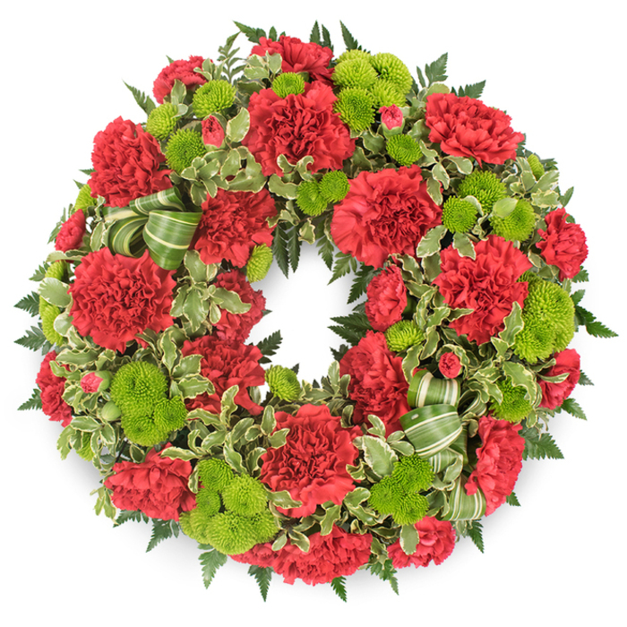 A richly detailed circular wreath fills the frame, floating against a bright white backdrop so that every flower and leaf is crisply defined. The arrangement is composed primarily of deep red carnations, which crowd together in a continuous ring. Each carnation shows layers of delicately serrated petals, some blooms fully unfurled into generous rosettes, others slightly tighter, as though they have just reached their peak. This sea of red is punctuated with vivid lime green button chrysanthemums, those neat, spherical blooms whose hundreds of tiny, packed florets give them a soft, plush appearance. The colour combination is striking yet harmonious, much like the contrast of brick college walls and green quads in central Oxford. The flowers emerge from a substantial base of mixed foliage. Dark emerald ferns, likely leatherleaf, extend outward to form a subtle, feathered frame, while variegated pittosporum with cream-edged leaves adds a lighter note that gently breaks up the mass of green. Tucked among the leaves towards the lower side are loops of a decorative ribbon in pale and mid-green stripes. The ribbon lies quietly among the foliage, echoing the natural tones rather than trying to steal the spotlight, and giving the wreath a polished, professionally finished appearance. The circle is flawlessly formed, symbolising eternity and the unbroken nature of love, an image that would sit beautifully at a funeral service held near Oxford's Botanic Garden or at a crematorium chapel on the edge of the city. The overall feeling is respectful and sincere, with the rich colours offering both comfort and a celebration of a life well remembered.