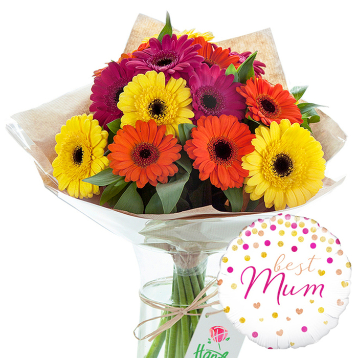 A vibrant bouquet of gerbera daisies is shown in a crisp, white studio setting, composed with the same care a local Oxford florist might use when preparing a special Mother's Day delivery. Roughly a dozen large gerbera blooms form a rounded, abundant cluster at the top of the arrangement, each flower perfectly open and facing outward as if to greet the viewer. The petals alternate in bands of vivid colour: golden yellow that recalls sunny afternoons along the Cherwell, energetic orange that feels like autumn leaves in Christ Church Meadow, and sumptuous magenta that adds a rich, romantic note. At the centre of every gerbera sits a contrasting dark disk, which provides visual focus and a gentle, velvety texture. Between the flowers, glimpses of dark green foliage add freshness and depth, suggesting stems freshly cut and quickly arranged to preserve their vibrancy. The bouquet is wrapped in a combination of rustic and modern materials: an inner layer of light brown kraft paper with a slightly crinkled surface, and an outer cocoon of clear, glossy cellophane that catches soft reflections of the studio lights. Around the gathered stems, a piece of natural twine is tied into a simple bow, reinforcing the relaxed, hand-crafted feel that suits a neighbourhood florist tucked just off Oxford's High Street or near Summertown. The entire bouquet is placed upright in a tall, clear glass vase, its lower half filled with clean water that magnifies the smooth green stems. To the lower right, a round white foil balloon completes the gift. Its surface is dotted with tiny hearts and confetti in metallic gold and shades of pink, framing the loving message best Mum in a flowing pink script. Together, flowers and balloon create a warm, affectionate scene, ideal for birthdays, Mother's Day, or any day when someone in Oxford wants to send a bright, heartfelt thank-you to a beloved mum.