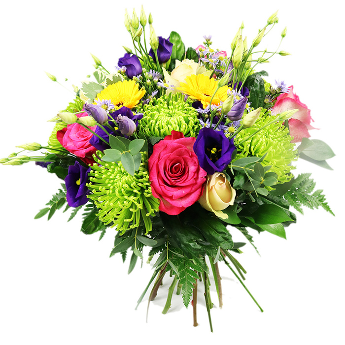 This image shows a generously full, hand-tied flower bouquet glowing against a plain white background, every colour and texture clearly defined. At its core, two or three prominent hot pink roses are in full flower, their rich, velvety petals unfurling in spirals that feel luxurious and warm, like a special evening in an Oxford café off Cornmarket Street. Interwoven with these roses are several dramatic lime-green spider chrysanthemums, their long, thin petals radiating outward in a whorl of chartreuse that brings an almost contemporary twist to the arrangement. Scattered between are deep royal purple and indigo lisianthus blooms, some open into soft bells with ruffled edges, others still elegant buds, which together introduce sophistication and depth, similar to the jewel tones you might see in stained-glass windows around the city. Bright lemon-yellow gerbera-style daisies pop up throughout, their wide, daisy-like faces adding pure, uncomplicated cheer. Nestled lower in the bouquet, a single cream or pale-yellow rosebud provides a tender focal point, its tightly wrapped petals hinting at future blossoming. Smaller accent flowers in light pink, lavender, and periwinkle weave through the design, accompanied by slim white buds that stretch upward and outward, giving the arrangement a natural, slightly untamed rhythm. The whole composition is generously framed by lush foliage: smooth, dark green leaves, paler eucalyptus-type stems with rounded leaves, and feathery fern fronds that spill softly from the base. The stems are neatly gathered and clearly visible, confirming it as a classic hand-tied design, just waiting for a vase in a North Oxford townhouse or a cosy flat near Iffley Road. The bouquet radiates joy and celebration, ideal for birthdays, anniversaries, or sending a bright thinking of you across Oxford.
