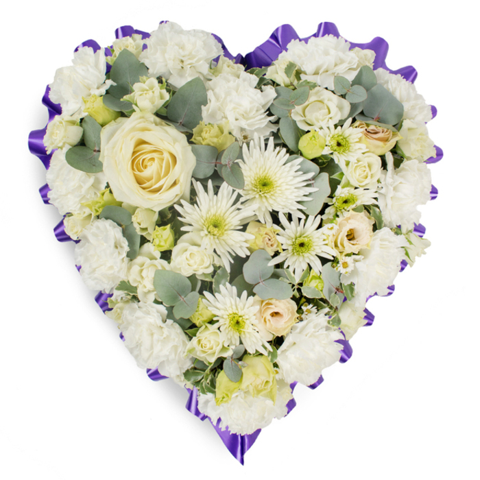 A carefully composed heart-shaped funeral arrangement is shown against a crisp white background, its outline perfectly defined and filled edge to edge with white and cream blossoms that suggest a quiet, reverent stillness, reminiscent of early morning in Oxford's college quads. At its centre, a flawless creamy white rose sits like a calm heart, the petals layered in a neat spiral that seems almost sculpted, their texture soft and velvety to the imagination. From that central point, the design radiates outward with generous clusters of white carnations, their tightly frilled petals overlapping to form a plush, almost textile-like surface along the broad curves of the heart. Interlaced among these are slender-petalled white spider chrysanthemums, their spiky, starburst shapes adding both movement and a lively, airy dimension, with hints of pale green and soft yellow at their cores that recall first light on the Radcliffe Camera's stone. Small, creamy rosebuds and pale, partially open blooms are nestled throughout, some with the faintest blush of ivory or lemon, lending a sense of stories and friendships that continue beyond parting. Subtle accents of blue-green eucalyptus foliage, with its rounded, silvery leaves, bring gentle shadows and depth, much like the cool calm of shaded lanes by the Isis. Enveloping the entire piece is a sumptuous deep purple ribbon, pleated and ruffled into a scalloped frame that clearly traces the heart shape and introduces a note of regal solemnity. The overall impression is of a lovingly crafted sympathy tribute, the kind an Oxford florist might create for a funeral or memorial service in one of the city's historic churches, intended to convey comfort, gratitude, and lasting remembrance.