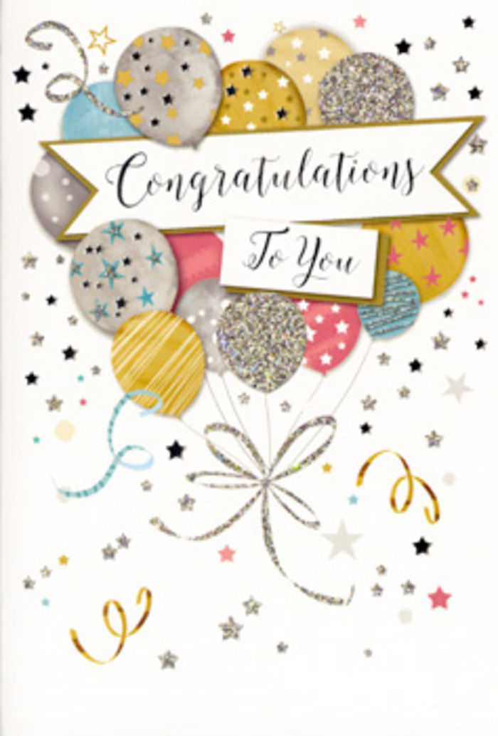 The image presents a refined congratulations card, propped open as though displayed in a small independent florist just off Oxford's Covered Market, ready to accompany a celebratory bouquet. The focus is a charming cluster of illustrated balloons gathered within the upper and central portion of the card. Each balloon is softly rounded and slightly overlapping, giving a sense of depth, like layers of joy stacked one behind another. Their colour palette leans towards elegant pastels and metallic tones-champagne gold, muted silver, soft sky blue, blush pink, and pale grey-each surface embellished with subtle designs: twinkling stars, delicate glitter-like speckles, or fine, shimmering stripes. Fine gold and silver strings descend from the balloons, drawn with a confident flourish that brings all the shapes together in one cohesive arrangement. Around the central cluster, small metallic stars, loose curls of ribbon, and floating dots of confetti drift across a pale, neutral background, echoing the light-hearted feeling of a surprise party along the banks of the Thames or a joyful dinner near Jericho. A beautifully formed banner stretches horizontally through the middle of the card, gently arching as it carries the message Congratulations To You in stylish calligraphy. The lettering feels carefully crafted, with elegant loops and sweeping lines that add a sense of formality without losing warmth. The composition feels airy yet meaningful, like the visual equivalent of a deep breath taken just after hearing good news. It is the sort of card a local florist in Oxford might tuck into a bouquet for a graduation on Broad Street or a new job celebration, combining quiet glamour with genuine affection and pride in the recipient's achievement.