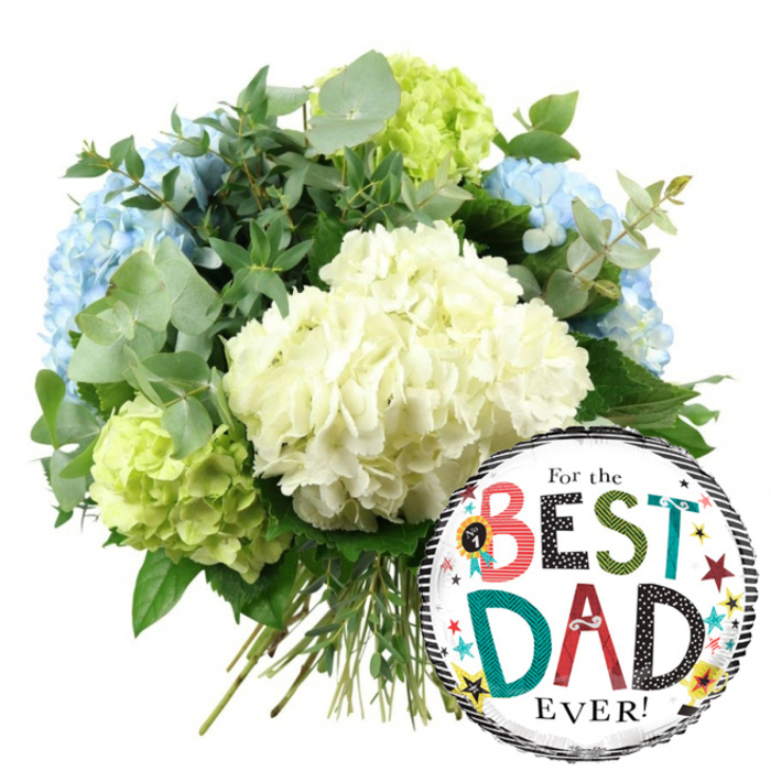 The photograph shows a thoughtfully composed Father's Day gift set, featuring a luxurious hydrangea bouquet and a cheerful For the BEST DAD EVER! balloon, all arranged against a bright white background for a clean, modern look. Dominating the top left, the bouquet forms a full, rounded dome of blossoms, each hydrangea head made up of hundreds of tiny petals that give a soft, billowy texture. At the centre front, large creamy white hydrangeas catch the light, appearing almost ivory, their subtle shading creating a gentle sense of depth. Fanning out around them, light-blue hydrangeas introduce a cool, calm note, reminiscent of the soft hues you might see reflected on the River Thames as it passes through Oxford. Nestled between and around these are vibrant lime-green hydrangeas, especially noticeable on the lower left and right edges of the bunch, bringing a fresh, contemporary splash of colour that enlivens the arrangement. Threaded throughout are sprigs of silvery eucalyptus with round, matte leaves, along with darker, glossy foliage that adds contrast and a sense of natural movement, as though freshly gathered from a garden near South Park. The long green stems are visible at the base, neatly bound together to show this is a hand-tied bouquet. In the lower right, partially overlapping the flowers, a shiny round foil balloon adds a fun, celebratory touch. Its central white panel is framed by bold black-and-white stripes along the top and bottom, giving a slightly retro feel. The message For the BEST DAD EVER! is written in a lively mix of fonts and colours, with each letter of BEST and DAD sporting different patterns in red, teal, green, and black. A small No. 1 rosette graphic and scattered stars and confetti dots in bright shades of yellow, red, teal, and black complete the design, echoing the emotion of pride and appreciation. The combination of cool, elegant hydrangeas and the playful balloon makes this image an ideal representation of a Father's Day bouquet ready to be delivered to a special dad anywhere in Oxford.
