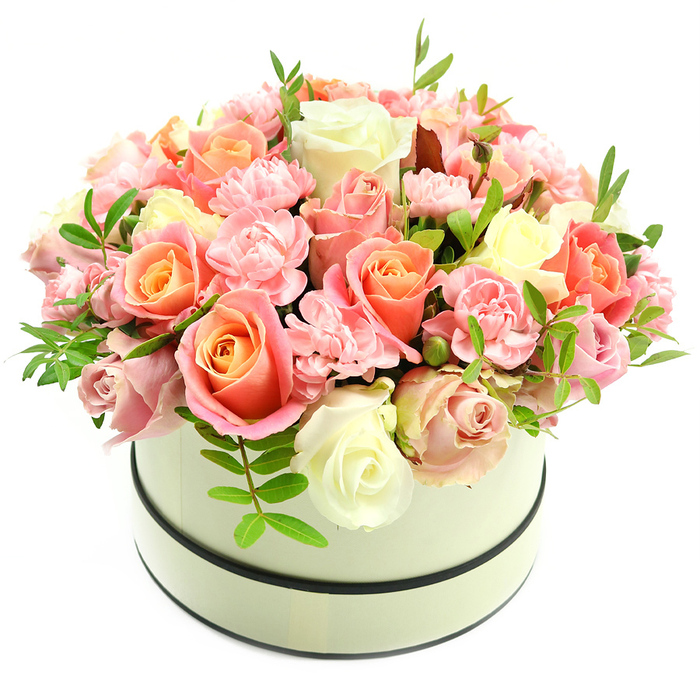 Presented against a clean white backdrop, this elegant round hatbox-cream-toned with a refined matte finish and two slim, dark bands at rim and base-holds a lavish, domed bouquet that reads as a single, sumptuous form. The design is densely packed: abundant roses in varied stages of bloom create a spectrum of warm coral-peach and apricot at their cores, graduating outward to soft blush pink and occasional creamy ivory outer petals; these are interlaced with numerous frilly light-pink carnations whose ruffled edges add delicate, tactile contrast. The composition's few, well-placed sprigs of vivid green foliage, each bearing small elongated leaves, introduce crisp highlights and spatial depth without breaking the overall harmony. Light skims across petals, revealing velvety textures and the subtle translucence of the thinner outer blooms, while the darker bands on the box frame the floral mass like an understated ribbon. There is a feeling of considered abundance here-each flower chosen for colour transition and form-so the arrangement reads as both luxurious and intimate, suitable for a special anniversary, a refined birthday surprise, or as a thoughtful token of gratitude. The bouquet evokes the quiet charm of a stroll through University Parks at dawn: gentle hues, fresh greenery, and a soft, powdery fragrance that suggests spring and new beginnings. Crafted with professional care, this hatbox makes a poised statement of affection or congratulations without needing elaborate presentation.