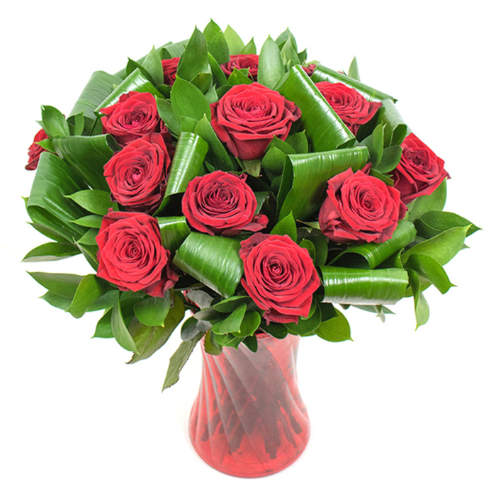 A richly coloured bouquet of deep crimson roses forms a compact, luxurious dome, each bloom in full, perfect opening with velvety petals layered like fine silk. The rose heads are closely clustered so that their intense red surfaces merge into a small, dramatic hill of colour, while an abundance of dark green foliage provides volume and contrast. Narrow, glossy leaves-likely Ruscus or Salal-create a dense green bed around the roses, and larger, glossy Aspidistra leaves have been bent, rolled, and spiralled into elegant loops that peek between blooms and encircle the arrangement, lending sculptural formality to the composition. The bouquet is planted in a tall, slender ruby-red glass vase whose faint twisting ribs and translucent depth read like a continuation of the roses' colour, the vertical texture catching light and accentuating the arrangement's height. Against the pure white background, the crimson and emerald tones register with vivid clarity, and the gentle studio lighting highlights the subtle textures: the velvet petal edges, the satiny sheen of green leaves, and the glass's warm reflections. There is an implied fragrance, a classic, slightly sweet rose scent that seems to hover above the clustered heads, inviting touch and memory. This refined presentation evokes classic romance and quiet luxury-ideal as an anniversary centrepiece or a formal Valentine's gift-and suits delivery across Oxford, from the quiet lanes around Magdalen to homes near the Botanic Garden, where its painterly colours will complement both historic interiors and contemporary spaces.