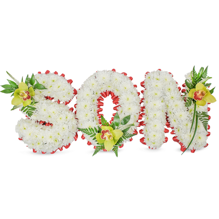 This solemn, handcrafted tribute spells SON in bold, three-dimensional letters, each sculpted from a dense mass of small white chrysanthemum blooms whose uniform petals create a soft, cloud-like relief across every face of the letters. Set against an unadorned white background, the design emphasizes texture and form: the chrysanthemums' tiny discs overlap like snapped waves of white, while a striking scalloped ribbon of vivid red traces the outer edges and the inner rim of the O, the ribbon's folded loops providing a measured punctuation of colour that catches the light. Accent clusters are placed with considered symmetry-a lime-green cymbidium orchid rests in the upper left curve of the S, another cradles the lower center of the O, and a third graces the upper right of the N-each orchid marked by soft yellow-green petals and a warm reddish-brown throat. These orchids, with their waxy sheen and faint, comforting scent, contrast with the chrysanthemums' powdery, petal-soft feel; surrounding green leaves and feathery fern fronds add depth, movement, and a sense of natural renewal. The arrangement reads as a formal funeral tribute or graveside piece, quiet but rich in symbolism, suitable for a memorial service near the Covered Market, the High Street, or a family chapel in Oxford. As a local creation, it reflects careful floral engineering and a sensitivity to tone-designed to honor a son with dignity and to offer a subtle visual language of remembrance that family and friends can gather around.