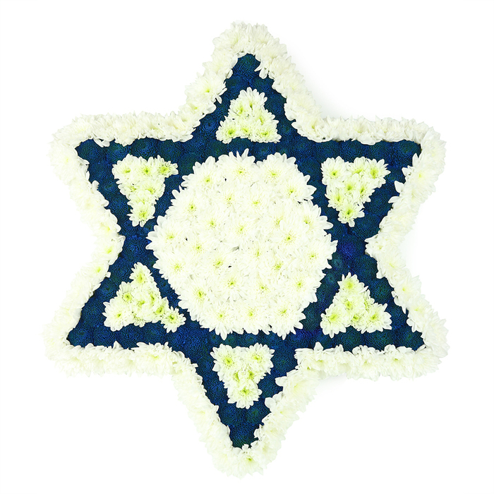 This image presents a beautifully composed Star of David funeral arrangement, photographed against a simple, pure white backdrop so that every petal and line of the design stands out with clarity. The six-pointed Jewish star is rendered entirely in fresh flowers, its outline softly traced with fluffy white chrysanthemum-style blooms whose many small petals create a velvety, cushion-like border. Within that gentle frame, the central area forms a clean white hexagon of compact blossoms, visually calm and bright, almost like a focal light at the heart of the tribute. From this centre, the star's six points extend outward in bold segments of rich dark blue or indigo flowers, possibly dyed chrysanthemums or carnations, chosen for their saturated tone and long-lasting nature. These blue sections are carefully massed to form crisp triangular shapes, the colour echoing the familiar blues of Jewish ceremonial textiles found in community spaces across Oxford, from synagogue halls to quiet chapels tucked near the city centre. At the base of each blue point, a smaller inner triangle of white flowers nestles into the design, producing an intricate pattern of white and blue that feels both balanced and symbolic. The arrangement lies flat but appears deeply textured, as though each section has been thoughtfully layered by an experienced local florist. Created as a Jewish sympathy tribute, it would feel at home at a funeral, memorial, or shiva gathering, offering a strong visual expression of faith, remembrance, and communal support. The absence of greenery or extra adornment keeps the focus firmly on the Star of David itself, lending the piece a sense of quiet, dignified reverence.