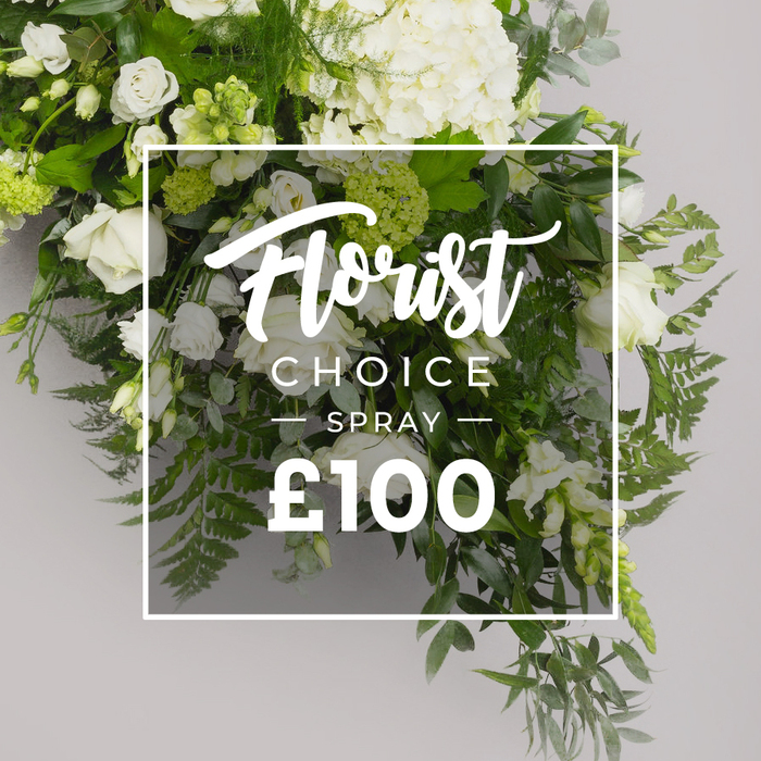 Pure, architectural grace defines this abundant spray of white blooms and green foliage, shown against a pale grey backdrop. The top is anchored by large white hydrangeas, their lush clusters forming a soft cloud above a sea of classic white roses in varying stages of bloom. Interspersed are slender lisianthus blossoms and smaller white accents, all set within a rich framework of greenery: feathery ferns, grey-green eucalyptus, and deep green ruscus leaves that give the arrangement its depth and sophistication. The composition feels generous and timeless, yet fresh and modern, perfect for sympathy tributes, memorials, or a refined gift. Centered across the heart of the spray, a slim white-bordered panel carries the product words: Florist Choice in a fluid script, then SPRAY in uppercase sans, down to the large ?100 price at the bottom. The overlay's soft glow lets the foliage beneath show through, a visual metaphor for quiet, enduring care. For Oxford customers, this floral spray is a reliable choice for same-day delivery to neighbourhoods such as Headington and Summertown or for delivery to the city center. Its whiteness, purity, and lush greens make it an easily adaptable option for various occasions-funeral or commemorative spaces, formal events, or elegant home styling. The arrangement reflects the skill and sensitivity of a local florist, delivering a timeless bouquet with contemporary polish.