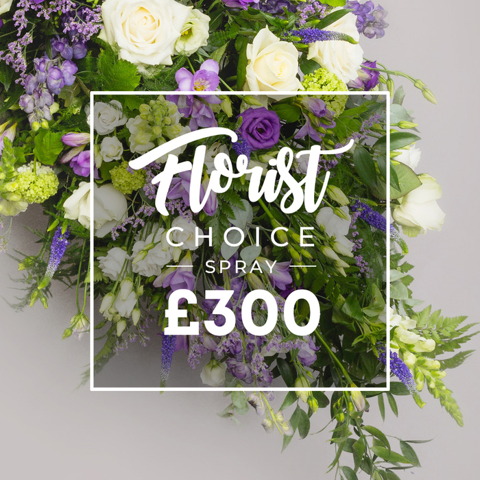 An opulent funeral spray, long and elegantly elongated, is captured in a soft Oxford studio. The composition merges purples, whites, and fresh greens, with ivory roses in full bloom anchoring the design. White lisianthus and freesia add delicate texture and a light, sweet scent that mingles with the crisp greenery of ferns and broad leaves. Tall purple lisianthus and spires of veronica or delphinium rise to create vertical emphasis, while lavender limonium lends a misty depth across the arrangement. The greens-fern fronds and eucalyptus-like foliage-wash around the clusters, giving volume and a living, cascading form that would drape gracefully over a casket or stand as a grand memorial piece. A white rectangular overlay sits at the center, slightly translucent, with the words 'Florist Choice' in flowing script at the top, followed by 'SPRAY' in bold uppercase letters, and beneath it the price '?300' in large white numerals. This refined option speaks of premium design and local expertise-ideal for solemn ceremonies at a church or chapel, or for a dignified home remembrance. The image, set against a neutral grey, evokes Oxford's quiet dignity, and the work of a trusted local florist who draws on seasonal stems from market stalls near the Covered Market and among the University's historic streets, delivering a piece that balances opulence with restraint.