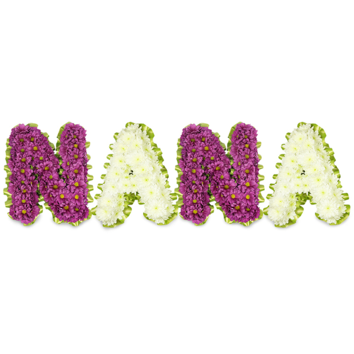 Displayed against a bright white surface, the word NANA is realised in full three-dimensional floral letters, each one made from a dense mosaic of small chrysanthemum-style flowers. The two Ns are fashioned from deep magenta-to-plum purple blooms, their clustered petals creating a sumptuous, velvety surface that is enlivened by tiny yellow centres peeking through the mass of petals. The As are composed of pristine, creamy white chrysanthemums, compact and uniform, giving those letters a soft, luminous quality that balances the richer purple tones. Each letter is neatly outlined by a lively lime-green edge-either pleated satin ribbon or meticulously arranged leafwork-which follows the contours with a gentle undulating rhythm and adds a breath of spring-green freshness. Light falls softly across the arrangement, catching on the rounded tips of the mums and throwing subtle shadows that emphasise the letters' depth and hand-shaped construction. Texturally the design reads as both delicate and substantial: from a few metres away the word reads clearly and respectfully; up close the tiny flower heads and narrow green border reveal precise floral craftsmanship. Designed as a sympathy or funeral tribute, this tribute is intended to convey steady affection and honour a grandmother's memory, appropriate for services across Oxford-whether laid out for viewing at a village chapel in Marston or positioned by a graveside on Port Meadow-where friends and family gather to remember with tenderness. The composition speaks of careful, considered floristry and a quiet, heartfelt message of love.