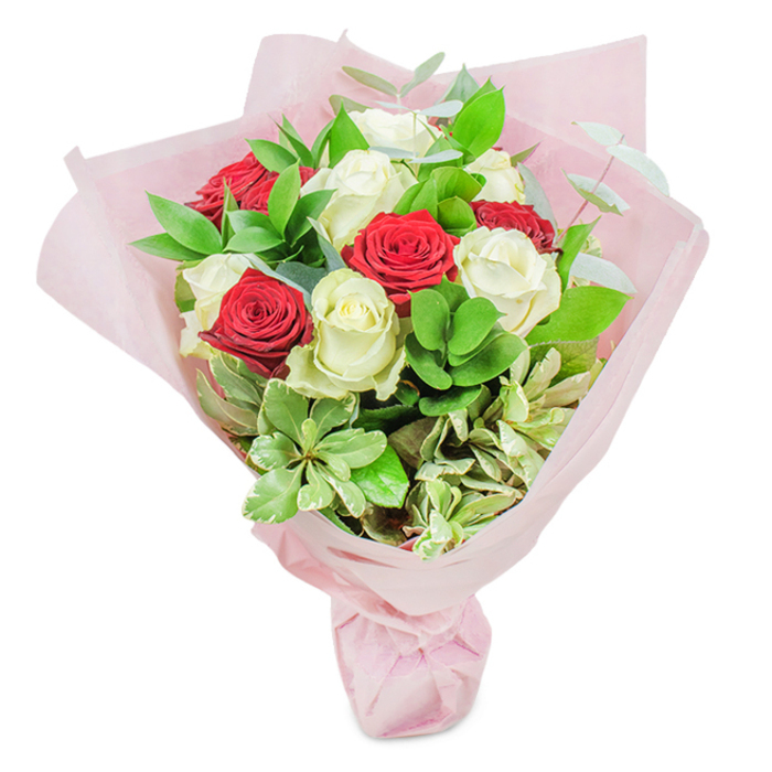 Captured in an ethereal light against a pure white background, this elegant bouquet glows with Oxford's signature grace. Twenty pristine roses are the stars of the arrangement-ten sumptuous red blooms alongside ten creamy white ones-each flower carefully selected for its full, unfurled petals and vivid color saturation, suggestive of the highest quality roses offered by Oxford's independent florists. The roses are harmoniously positioned, with red blooms adding passionate warmth and white ones radiating gentle serenity, their petals like soft snow on a chilly Oxford morning. Enveloping the blossoms is a variety of lush greenery: ruscus leaves provide structure and a deep emerald backdrop, while round, lighter-toned foliage and slivers of eucalyptus introduce texture and aromatic freshness reminiscent of Christ Church Meadow in spring. Cream-edged variegated leaves give subtle highlights, infusing the bouquet with a sense of natural abundance. Everything is expertly gathered and wrapped in translucent, blush-pink tissue paper that imparts a sweet, celebratory air-perfect for gifting at a milestone celebration or sending to a loved one living along Cowley Road. This arrangement, thoughtfully handcrafted, captures both love's intensity and purity, making it an ideal floral gesture for anniversaries, birthdays, or simply brightening someone's day, with same-day delivery available throughout Oxford.