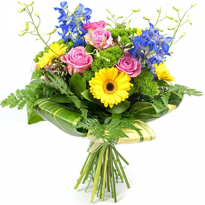 A richly coloured hand-tied bouquet stands upright against a clean white background, every flower clearly visible as though arranged on a florist's workbench just off Oxford's Cowley Road. The composition balances warm and cool tones: several open pink roses, with gently curled outer petals and tightly swirled hearts, provide a soft, romantic centrepiece. Around them, bold yellow gerbera daisies with deep brown eyes offer a joyful contrast, their daisy-like petals radiating outwards like small suns and adding a playful brightness to the design. Reaching up from behind and between these round forms, tall, slender stems of intense blue delphinium draw the eye upward, their stacked florets adding height, depth, and a cool splash of colour reminiscent of a clear Oxford sky seen from South Park. The bouquet is wrapped in an abundance of textured greenery. Fine, feathery fern tips escape from the lower edges, lending a relaxed, natural feel, while clusters of bright green, almost mossy filler flowers nestle between the larger blooms, creating fullness and visual rhythm. Broader, glossy dark green leaves, some carrying subtle pale stripes, are skillfully curved around the base of the flower heads, forming a decorative green cuff that unites the composition. From the top, a few slender stems with tiny unopened buds extend delicately, suggesting freshness and the promise of more colour to come. The visible stems are gathered tightly and secured with a light cream or pale green wrap, tied simply, emphasizing that this is a handcrafted bouquet ready to be carried to a birthday in Headington, a thank-you in Botley, or a quiet celebration at home anywhere in Oxford. The overall impression is one of joyful elegance and garden-inspired abundance.