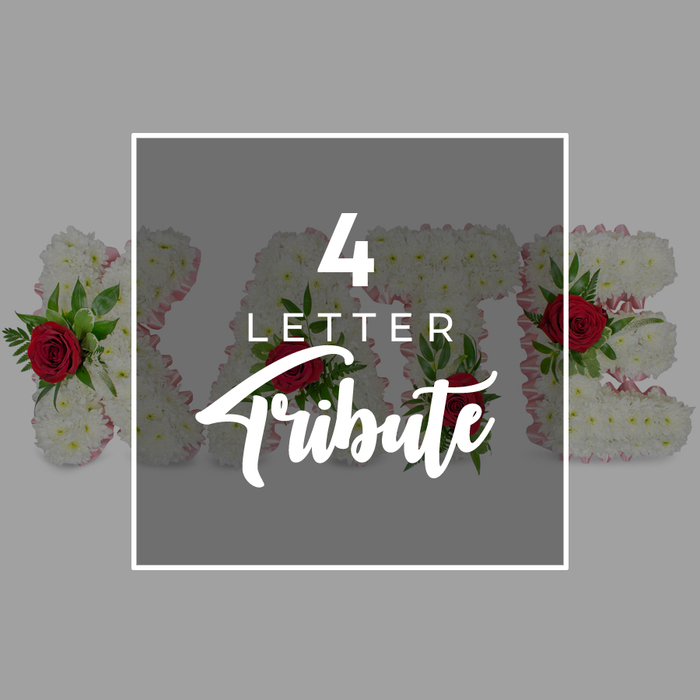 This carefully composed graphic image centres on the idea of a personalised four-letter funeral flower tribute, similar to those often chosen for services across Oxford's churches and crematoria. At first glance, your attention is drawn to a large, semi-transparent dark grey square in the middle, neatly framed with a fine white border that gives a sense of order and calm. Over this muted backdrop, white lettering states 4 LETTER in a modern, clean font, with the word Tribute below in a more flowing, script-like style, adding a note of softness and emotion. Behind this central overlay, emerging from both sides, sits the true heart of the design: four bold floral letters crafted entirely from white chrysanthemums or similar small white blooms. The flowers are densely arranged, creating a thick, textured surface that resembles a soft, snow-like blanket, each rounded petal catching invisible light. Just beneath the blooms, a narrow band of pale pink edging runs along the contours of the letters, hinting at a supportive frame and bringing a gentle warmth to the predominantly white design. Among the white flowers, clusters of vibrant red roses with rich, layered petals are tucked in, framed by sprigs of deep green foliage that might be fern, salal, or ruscus. This interplay of red, green, and white evokes both love and serenity, much as families from Headington to Wolvercote often request for a final tribute. The surrounding background is a uniform, light grey tone, intentionally understated so that all focus remains on the craft and symbolism of the letter shapes. The overall impression is of a bespoke floral word or name arrangement, thoughtfully designed to spell out a significant four-letter name or sentiment, offering a graceful way to honour a loved one's memory.