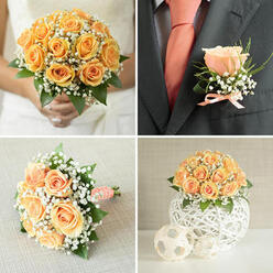 This collage of four wedding images reads like a florist's quiet love letter to apricot blooms and subtle craftsmanship, the kind of arrangement we might deliver across central Oxford on a spring morning. The top-left photograph shows a bride holding a compact, round bouquet of soft peach-orange roses, the petals unfolding in warm spirals and softened by clouds of white gypsophila and glossy green leaves; the interplay of texture and tone feels intimate and reassuring. In the top-right image a groom's dark charcoal or navy jacket is punctuated by a single peach rose boutonnière, surrounded by tiny sprigs of baby's breath and a wispy green accent - a neat peach ribbon bow at its base echoes a coral tie and white shirt, signalling a carefully matched palette. The lower-left view frames the bouquet as a still life on a faintly textured, pale fabric; the stems are bound with a neatly patterned white ribbon dotted in blush tones, the knot tucked and finished so the handle is both pretty and practical for the bride's hands. The lower-right photograph offers a reception focal point: a full domed cluster of matching peach roses and gypsophila arranged atop a white woven spherical vase, with two smaller decorative woven balls at its feet, presenting a natural, tactile centerpiece. As an experienced Oxford florist I notice how this combination reads equally well in a ceremony at St Giles or an intimate reception near the Radcliffe Camera - a softly scented, elegantly coordinated set of wedding florals that feels handcrafted and locally rooted by Flowers Oxford.