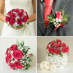 This four-part wedding collage captures a cohesive red rose and baby's breath theme, designed with the quiet romance you might find at an Oxford city-centre ceremony. In the top-left frame, a bride dressed in a classic white lace gown holds a rounded bouquet densely filled with rich crimson roses. Each velvety bloom is nestled among clouds of tiny white baby's breath, while small hints of deep green foliage add contrast and structure. The flowers appear freshly arranged, the petals crisp and flawless, as if prepared moments before the vows in a chapel near Christ Church Meadow. The top-right frame zooms in on the groom's boutonniere, pinned to a charcoal-grey suit jacket over a clean white shirt and vivid red tie. A single red rosebud is complemented by clusters of baby's breath, slender green leaves, and fine strands of ornamental grass, all tied together with a neat, bright red satin ribbon that subtly echoes the bridal bouquet. The bottom-left image shows another hand-tied bouquet resting on a light grey, slightly textured surface. Open red roses and generous sprays of baby's breath form a rounded shape, bound at the stems with red and white striped twine, suggesting the skilled hands of a local florist working in a studio not far from Jericho or Summertown. In the bottom-right frame, a compact centerpiece of red roses and baby's breath sits atop a white, spherical woven vase, with two smaller off-white decorative orbs arranged in front. Taken together, these panels show coordinated wedding flowers suitable for receptions across Oxford, from riverside hotels to intimate venues off the High Street.
