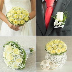 This image focuses closely on a wedding boutonnière that transforms a formal black lapel into a gentle statement of romance, perfectly suited to a ceremony in one of Oxford's churches or registry offices. At its heart is a single pale yellow rose, luminous and velvety, its petals curving inward in a delicate spiral that feels both classic and fresh. The colour is soft, almost buttery, creating a beautiful contrast with the dark jacket while remaining subtle enough not to overpower the overall look. Around the rose, clusters of airy white baby's breath add a fine, cloud-like texture, their tiny blossoms creating a halo that enhances the rose's shape. Slim green sprigs extend slightly beyond the main flower, introducing a sense of movement and natural ease, as if the elements were gathered by hand just outside an Oxford garden or park. The stems are bound tightly with a smooth white ribbon, tied with precise care that suggests the steady hands of an experienced florist. Beneath the boutonnière, a vivid red tie peeks out, pooling colour at the centre of the frame and heightening the sophistication of the arrangement. Together, black fabric, red silk, and pale yellow petals create a trio of contrasting textures and tones that feels celebratory without being overly bold. The design appears fresh, the rose unblemished and full of life, as though it has only just been pinned before the wearer heads down a cobbled street toward their wedding venue. This boutonnière reads as more than decoration; it's a small, fragrant emblem of the day's promises and the care invested in every detail.