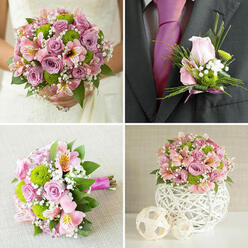 A refined wedding collection is presented in four panels, each one echoing the same soft pink, lilac, and fresh green colour palette, perfect for a romantic Oxford ceremony and reception. In the upper-left panel, the lower half of a bride in a white lace dress is shown holding a generous, rounded bouquet close to her waist. The flowers are tightly packed: light pink and lavender roses in full and half-open bloom, vivid green button chrysanthemums, pale pink alstroemeria dusted with hints of yellow, and clouds of white baby's breath, all nestled into rich green foliage. The bouquet feels freshly gathered, as if it has just arrived from a local florist near Oxford's Covered Market. The upper-right panel moves closer to the groom's detail, centring on a dark charcoal suit jacket and deep fuchsia tie. Pinned to the lapel is a delicate boutonniere built from a single pale pink rosebud, one or two bright green button chrysanthemum heads, tiny sprigs of baby's breath, and slender green grass accents, all neatly tied with a matching pink ribbon for a polished yet gentle look. In the lower-left image, a coordinating bouquet lies horizontally on a light beige textured cloth, perhaps waiting on a dressing table in Summertown or Jericho. The stems are banded in a fuchsia ribbon wrap, revealing the craftsmanship in the binding. The lower-right panel highlights a rounded table centrepiece placed on a clean white surface. Pink and lavender roses, green chrysanthemums, pink alstroemeria, and baby's breath fill a white, lattice-patterned globe vase, with two smaller woven spheres beside it. The overall impression is of a carefully curated Oxford wedding scheme where every floral element, from personal flowers to tables, feels harmoniously linked.