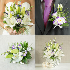 This four-image collage captures a single wedding palette translated across bouquet, boutonnière, bridesmaid posy and a sculptural centerpiece, described here with the calm eye of a local florist. In the top-left panel, the bride clasps a generous bouquet of creamy white oriental lilies, each bloom opened to show its stamens, paired with white lisianthus whose edges blush a clear, crisp purple; mixed unopened buds, spikes of deep purple veronica and a variety of wispy grasses and broad green leaves create layered movement and classic romance. The top-right frame focuses on the groom's boutonnière pinned to a dark charcoal grey jacket above a rich purple silk tie: a single purple-edged lisianthus, a neat lily bud and a tiny cluster of spiky purple accents are finished with a petite white ribbon bow, mirroring the bouquet's detailing on a smaller scale. Bottom-left shows a hand-tied bridesmaid or toss bouquet resting on soft beige fabric: open lilies, purple-rimmed lisianthus and fresh greenery are bound with white ribbon, the stems neat and ready for carrying down an aisle at a venue in Jericho or near Christ Church Meadow. Bottom-right reveals a tall arrangement in a contemporary white spherical vase with an intricate woven lattice - cascading leaves and grass-like foliage tumble around open and bud-stage lilies, with sprays of purple veronica for vertical drama; two woven beige spheres on the tabletop complete the coordinated look. The light is warm and gentle, the lilies' sweet scent balanced by subtle herbal notes, and the craftsmanship evokes the quiet, considered floristry Flowers Oxford supplies across the city, from Summertown to the Covered Market.