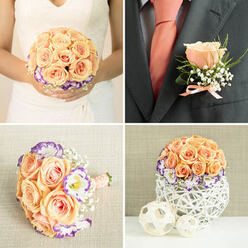 This collage quietly narrates a wedding day's details through matching floral moments, with the boutonniere offering a small, emotional punctuation. In the top-left panel, a hand-held bridal bouquet reads as a soft, rounded sculpture: a centre of pale peach roses, their petals folded inward like gentle promises, ringed by white lisianthus with striking purple edges and dotted with fleeting clusters of baby's breath. The picture's light is tender, catching the roses' warmth against creamy dress fabric. Top-right zeroes in on the groom's lapel where a single peach rose boutonniere is pinned to a dark charcoal suit jacket. The rose mirrors the bride's blooms exactly, softened by wisps of greenery and tiny baby's breath, and anchored with a blush-peach ribbon that echoes the groom's solid peach tie peeking beneath his lapel - a quiet, elegant conversation between fabrics and flowers. The bottom-left frame shows a slightly smaller posy resting on a neutral woven cloth; the stems are finished with a peach ribbon and small pearly pins, a tactile detail that evokes vintage weddings in Oxford's historic halls. Bottom-right displays a low, round centerpiece in a white, intricately open-weave basket, surrounded by two light woven spheres, the whole assembly suggesting a reception table in a cosy college annexe or a marquee near University Parks. There is a subtle fragrance suggested - warm rose with a hint of summer grass - and a composed simplicity that feels both contemporary and timeless on High Street celebrations.