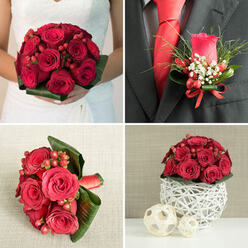 This four-image collage presents a harmonious suite of red rose wedding florals, styled with the quiet confidence of an experienced Oxford florist. In the top-left frame, a bride in a softly shimmering white dress holds a compact bouquet of deep red roses so closely packed that their velvety petals form a smooth, rounded surface. Red hypericum berries nestle between the blooms, their polished skins adding gentle highlights, while a ring of deep green foliage creates a tidy, circular collar around the base, giving the bouquet a refined, timeless feel suited to ceremonies near Oxford's riverside venues or historic colleges. To the right, the top panel zooms in on the groom's boutonniere pinned to a charcoal suit lapel and set against a vivid red tie. Here, a single red rosebud, still slightly cupped, is arranged with fine wisps of green foliage and tiny white gypsophila flowers, all accented with a few small red berries and finished with a narrow red satin bow. Below, on the left, another bouquet echoing the same palette is shown resting on textured beige fabric. This design features red roses and berries, but the mood shifts slightly as broad, dark green tropical leaves sweep around the blooms, folding and curving in bold, sculptural layers, with a red ribbon binding the stems. In the bottom-right image, a table centerpiece repeats the motif: a rounded cluster of red roses and berries sits atop a white, woven, spherical base crafted from natural fibers. Two smaller wooden-toned woven balls rest beside it on a smooth surface, suggesting contemporary, nature-inspired reception décor that could beautifully dress a wedding breakfast in central Oxford or a romantic dinner in Jericho.