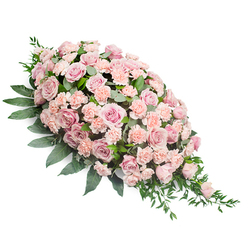 Set against a clean white backdrop, this elegant teardrop casket spray stretches diagonally across the image, beginning as a lush, rounded cluster of blooms at the upper left and gently narrowing to a refined point at the lower right. The heart of the design is formed by numerous soft pink roses, some fully open to reveal generous spirals of petals, others still slightly cupped, creating a natural variation of blush and dusty pink tones. Interwoven among them are light peach-pink carnations, their delicately frilled petals giving the tribute a plush, almost cloud-like softness. Rich, dark green foliage provides depth and contrast, with broad, supportive leaves framing the body of the spray and finer, feathery greenery flowing from the pointed end, as if the flowers are quietly cascading in one direction. The overall palette of muted pinks and deep greens feels soothing, reminiscent of a peaceful corner of Christ Church Meadow or a sheltered garden in Jericho after a light rain. Every bloom appears fresh, dewy, and thoughtfully placed, suggesting the steady hands of an experienced local florist in Oxford who understands how flowers can speak when words are difficult. This sympathy arrangement is clearly intended to lie on a casket or memorial table, its elongated form designed to rest gracefully during a funeral or celebration of life. Though still and silent in the photograph, the spray communicates warmth, compassion, and a gentle farewell, making it a fitting floral expression of love, respect, and support for grieving families in the Oxford community.