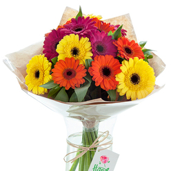 A vibrant display of hand-selected Gerbera daisies-gleaming yellow, fiery orange, and regal magenta-sits elegantly in a clear glass vase, inspired by the colourful tapestry of Oxford's university gardens. Each bloom, with a deep espresso-coloured core, radiates energy, amplified by crisp green leaves interwoven among the petals. The arrangement's stems, visible through cool, clear water, give a sense of freshness and intentional design, reminiscent of mornings at the Botanic Garden or sunlit strolls through Christ Church Meadow. The bouquet is expertly cocooned in a dual wrapping: an outer layer of rustic kraft paper suggests earthy warmth, while glossy cellophane beneath highlights the flowers' brilliance and adds a gentle shimmer, much like the first rays on Broad Street. A carefully tied twine bow secures the stems and holds a petite white tag, adorned with an elegant rose motif-a silent nod to cherished local gifting traditions. Light dances across the composition, emphasising the saturated hues and lively contrasts, inviting thoughts of spontaneous celebration and heartfelt thanks. Whether for commemorating a cherished friend's milestone or surprising a loved one in Jericho or Summertown, this bouquet from your local Oxford florist encapsulates the spirit of joy and gratitude, promising to brighten homes and hearts alike.