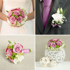 A romantic wedding bouquet is captured here in close detail, the design centred on velvety mauve-pink roses whose petals curl open like whispered promises, their colour somewhere between lavender and blush. Around them, crisp green button chrysanthemums form tiny, rounded cushions, lending a fresh, playful energy that recalls the leafy corners of South Park or a walk through the Botanical Garden in Oxford. Soft white lisianthus and creamy companion blooms nestle among the roses, their frilled edges catching the light and creating a gentle halo effect around the central flowers. The arrangement is compact yet lush, a perfectly rounded dome of colour and texture supported by straight, evenly gathered stems. These are bound together in an intricate ribbon wrap of pink and white satin, smooth and slightly glossy, giving the bouquet a polished, contemporary finish. Nearby, a groom's boutonnière lies ready, composed of a single elegant white bloom accented with wisps of greenery and a delicate touch of lavender ribbon that echoes the tones of the bouquet. The lighting is tender and diffuse, much like daylight filtering through college windows, making each petal appear luminous and full of life. This bridal set feels personal and intentional, ideal for a ceremony in one of Oxford's historic chapels or an intimate celebration in Jericho. Every detail, from the choice of roses to the way the foliage frames the flowers, suggests care, craftsmanship, and the joyful anticipation that surrounds a wedding morning.