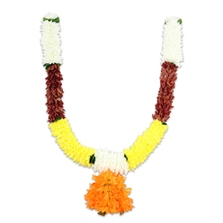 This U-shaped decorative mala hangs with a quiet confidence, photographed against clean white to show every layer and hue. At each upper arm, tightly grouped creamy-white florets form neat, vertical caps that resemble tiny chrysanthemums or carnations, lending a serene, almost bridal brightness to the top. Below those pale caps lie segments of rich reddish-brown - dense, textured elements that suggest dried petals or mahogany-tinted materials and introduce a grounding, earthy counterpoint. As the garland arcs into its central curve, the dominant band becomes a vibrant, tightly packed yellow: plush, marigold-like clusters that capture the celebratory spirit of festivals and family rituals. Small, thoughtful green accents mark the seams between colours, like leaves placed to steady the composition. The focal pendant at the center bottom is a full, layered pom-pom of orange - ruffled, buoyant and immediately eye-catching.The construction reads as meticulous: each segment appears carefully stitched and densely threaded so the form keeps its fullness even after repeated hanging. Under the photographic light the petals pick up a soft sheen, the shadows revealing depth between layers and the orange pendant's voluminous silhouette. Tactilely one imagines a silky, slightly textured surface rather than brittle plastic, and a soft, warm trace of floral-woody scent in memory rather than an overpowering fragrance.Seen across Oxford - adorning doorways in Jericho, brightening a summer puja in North Oxford or framing a small wedding entrance near the Botanic Garden - this artificial garland offers the visual language of devotion and festivity without the short life of fresh blooms. It reads as welcoming, respectful and joyful: a decorative signature for Diwali, Ganesh Chaturthi, weddings or housewarmings, carefully designed to be reused and treasured.