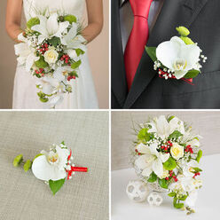 A four-part wedding collage presents a cohesive floral story in white, green, and red, reminiscent of a refined Oxford city ceremony. In the top-left image, only the bride's torso and hands are visible, framed against a soft beige background that echoes the mellow tones of local stone. She holds a dramatic cascading bouquet, dominated by large white oriental lilies whose open trumpets and dark stamens give depth and fragrance. Flowing from the main cluster, white Phalaenopsis orchids descend like silk ribbons, each bloom catching the light. A single cream-tinged yellow rose glows at the centre, nestled among round green button-like flowers, bright red berries, and clouds of tiny white gypsophila. Fine strands of greenery and slender grasses weave between the blooms, adding airiness and gentle movement, as if stirred by a breeze drifting across Oxford's University Parks. In the top-right image, a groom or male guest wears a dark charcoal suit with a crisp white shirt and a striking red tie. On his lapel sits a carefully crafted boutonnière: a pristine white orchid blossom, a compact cluster of green pompon flowers, and sprigs of baby's breath, all neatly bound with a vivid red ribbon that echoes the tie. The bottom-left image isolates this buttonhole, resting on a subtly textured beige fabric, so that its structure is clear-the curved orchid petals, the supporting green leaf, and the smooth satin wrap. In the bottom-right, the bridal bouquet is shown in full, placed upright in a white woven basket-style vase on a bright white surface, with three white wicker-style spheres arranged beside it. This final scene suggests a thoughtfully styled reception table, the lilies, orchids, rose, green spheres, and red berries working together to create a modern yet timeless wedding design, similar to what a skilled Oxford florist might prepare for a ceremony near the Bodleian or along the High Street.