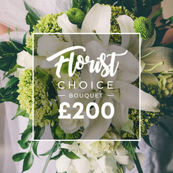 Arranging this bouquet feels like stepping into an Oxford spring garden. Billowing white lilies glow at the center, framed by lively bursts of lime-green blooms that lend energy and modern flair. The soft white clusters-ranunculus or roses-add volume and a dreamlike, cloud-like texture. The bouquet remains loosely gathered, yet every stem sits with intention, telling a story of new beginnings and hopeful days. A hint of fragrance drifts with the blooms, mingling with the morning air as if Port Meadow had been pressed into petals. The greens-eucalyptus and ruscus-provide depth and a natural base, so the composition feels both effortless and expertly styled. In the softly blurred background, a light-hued wedding dress or formal attire alludes to a special occasion. The frame at the center bears Florist Choice Bouquet in an elegant script, with the price ?200 displayed beneath in a clean sans-serif. From Flowers Oxford, this image signals a premium gift ready for same-day delivery across Oxford city centre, Headington, and Summertown, ideal for weddings, anniversaries, or celebrations that deserve a touch of quiet luxury. It invites the viewer to imagine the soft scent of fresh stems, the cool touch of pale greens, and the gentle rustle of petals as the bouquet travels through the lantern-lit streets of Oxford on its way to a beloved recipient.