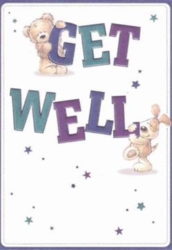 The scene on this get well card gently captures the healing spirit of Oxford-two endearing friends, a cuddly bear and a youthful pup, are pictured in playful harmony, their whimsical forms spreading quiet joy much like a friendly stroll along the Thames. The bear nestles against the top of the shining 'GET,' filled with hope, as the dog's gentle nose finds the arch of 'WELL' in lush, saturated hues of violet and teal. Their fuzzy coats and rounded lines evoke the comfort of a soft toy or a fresh posy wrapped by an Oxford florist on the High Street, while scattered blue and purple stars float across a bright, airy backdrop. The crisp whiteness behind the illustration offers clarity and peace, conjuring the feeling of a bright morning in Port Meadow, and emphasizing the emotional warmth imparted by the characters. Every detail is filled with intent, each element radiating the kind of authentic care found in a well-crafted bouquet from Flowers Oxford. This uplifting card pairs perfectly with a hand-delivered arrangement, bringing soothing encouragement and sincere wishes for well-being to family or friends in Cowley or Jericho.