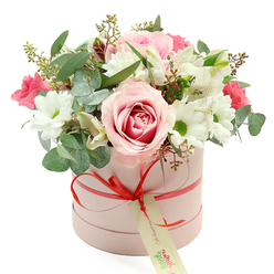 Centered against a clean white background, a chic pastel pink hatbox overflows with flowers, creating a soft, romantic dome of colour that feels perfectly at home in Oxford's elegant townhouses and college quads. The cylindrical box has a smooth, matte finish, its blush tone understated yet luxurious, and is cinched with a vivid coral-red satin ribbon tied into a trim bow at the front. A rectangular cream tag with green handwritten-style text dangles from the bow, suggesting a personal note ready to accompany same-day delivery across Oxford, from Cowley Road to North Oxford. Rising above the box, the bouquet forms a rounded, generous silhouette, densely filled yet airy around the edges. At the focal point is a sumptuous pale pink rose, its petals swirling towards the centre in a deeper pink blush, drawing the eye like a tiny sunset. Around it, white chrysanthemum blooms with bright green centres create crisp contrast, their daisy-like faces adding a joyful, uncomplicated charm. White alstroemeria, with their slim, flared petals and delicate speckles, weave between them, while smaller deep pink and fuchsia flowers punctuate the design with lively bursts of colour. Eucalyptus stems in their characteristic silvery-green arch gracefully through the arrangement, their cool, rounded leaves providing a modern textural counterpoint to the softness of the petals. Darker foliage and sprigs tipped with tiny green buds peek through, giving the bouquet a fresh-from-the-florist feel, as if it has just been prepared in a local Oxford workshop. The overall effect is one of thoughtful elegance and quiet celebration, ideal for birthdays, anniversaries, exam congratulations, or any heartfelt gesture shared across the city's historic streets.