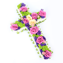 Set against a brilliant, uncluttered white background, this cross-shaped floral tribute appears gently tilted, as if resting in calm reflection. The outline of the cross is impeccably defined by a dense fringe of white spray chrysanthemums, their small, rounded petals forming a soft, feathery border that looks almost like freshly fallen snow around the design. Just beneath this cloud of white, a narrow band of neatly folded pale green ribbon or foliage traces the entire perimeter, giving the cross structure and a polished finish, reminiscent of the tidy lawns and borders you might stroll past in Oxford's Jericho or along the towpath. Inside this frame, the cross is alive with colour and emotional warmth. Large, fully opened roses in vivid fuchsia pink and soft, creamy yellow are carefully spaced to draw the eye along the arms and down the length of the cross, their lush petals suggesting tenderness and love. Nestled between these roses are bright lime-green button chrysanthemums, their round, textured centres creating playful pops of fresh colour. Smaller, deep purple and violet blooms weave through the composition, adding richness and contrast, like the deep tones of stained glass in a quiet city church. The careful placement of each flower reveals an experienced florist's hand, with balance, rhythm and texture thoughtfully considered. Illuminated by even, white light, every detail is clear, from the tiniest floret to the precise fold of ribbon. This floral cross would make a meaningful sympathy tribute for a funeral or memorial in Oxford, conveying gentle remembrance, respect and a sense of hopeful beauty.