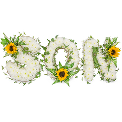 This bespoke memorial reads SON in strong, sculpted capitals whose surfaces are densely populated with small, immaculate white chrysanthemums. Photographed against stark white, the letters appear almost cloudlike-soft, tactile masses whose tiny petals create a gentle, repeating texture. Interlaced through the white are deep green ivy vines with their characteristic lobed leaves, winding around the letterforms as if to hold them together; alongside sit feathery fern fronds and glossy leafy accents that add lift and natural contrast. Three vivid sunflowers punctuate the arrangement with bright yellow petals and rich, dark brown centres: a dominant sunflower rests on the S's upper-left curve, a second sits low in the O amid ferny foliage, and the third crowns the upper-right section of the N. The contrast of pristine white with vivid sunflower gold and layered greens establishes a tone of solemnity warmed by hope. The light is soft but clear, revealing petal edges, the sunflower's seed-dense disk, and the subtle sheen of ivy leaves-details I attend to in my Oxford studio when designing sympathy tributes. This piece is the sort of floral language we prepare for families across Jericho, Cowley, and the city's parish churches, offering comfort and a visible celebration of life. The overall impression is dignified and comforting: a handcrafted tribute that honours memory with purity, enduring greenery, and the bright, consoling note of sunflowers for a dearly missed son.