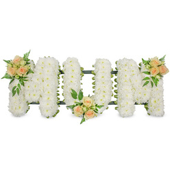 Set against a clean white studio-style background, this elegant funeral flower arrangement forms the word "MUM" in bold, block capital letters, each letter shaped with precision and care. The entire surface of the three letters is densely massed with pristine white spray chrysanthemums, their many small florets snugly overlapping so no gaps in the design are visible. The chrysanthemums create a velvety, pillow-soft appearance, their pure white tone suggesting peace and reflection. Along the outer edges, a slim dark green framework or ribbon can be glimpsed, quietly defining the contour of each letter and hinting at the secure mechanics beneath. Soft colour is introduced through three delicate groupings of roses. On the upper left edge of the first "M" rests a cluster of warm peach and blush pink roses, mingled with tight rosebuds and sprigs of rich green foliage. A second cluster sits at the base of the central "U", softening the curve where the letter meets its hidden support. The third cluster mirrors the first at the top right of the second "M", completing a gentle visual rhythm from left to right. Fine fern fronds and glossy leaves add texture and depth, like tiny garden details preserved within a formal tribute. Crafted in the style favoured by many Oxford families, this design would be at home on a hearse leaving from Summertown, resting by the altar in a city church, or placed beside a photograph at a celebration of life. The calm whites and tender peach tones evoke love, comfort, and dignified farewell for a beloved mother.