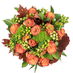 From a top-down view on a clean white surface, this hand-gathered autumn bouquet reads as a study in warm tones and varied textures, the kind of arrangement we make at Flowers Oxford for late-season celebrations across Jericho and the city centre. Dominating the composition are fully bloomed roses in warm peach and vivid orange, their inner petals glowing gently and their outer edges edged with a deep, reddish-rust that echoes fallen leaves along Magdalen Bridge. Bright clusters of Hypericum berries-some a zesty lime, others a soft cream-are threaded through the blossoms like cheerful notes, while velvety green trick dianthus forms mossy pockets that add surprising density and an almost tactile softness. Broad shiny foliage provides a rich, green cushion beneath the flowers, and larger lobed leaves in burnt crimson and deep mahogany punctuate the circle, reinforcing the arrangement's autumnal story. The light is soft and even, picking out the roses' velour texture and the subtle gloss of the berries, while mild shadows define the bouquet's rounded silhouette. This composition feels both crafted and spontaneous, suitable as a warm centrepiece for a harvest table, a gift for a friend in Botley Road, or a comforting display for a cosy living room. As a local florist, I imagine it brightening an evening after a walk through University Parks, bringing the season indoors with restrained elegance.