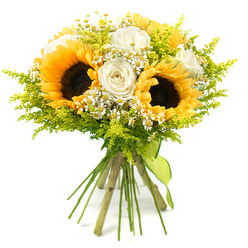 A cheerful sunlit bouquet is shown against a pure white backdrop, its colours and textures glowing as if caught in soft midday light over Oxford's historic rooftops. Dominating the arrangement, three large sunflowers lift their wide, bright yellow petals around dark, textured centres, creating a strong, joyful focal point that suggests warmth, generosity, and the height of summer. Between these golden discs, creamy white roses unfurl in elegant spirals, their smooth, velvety petals forming perfect cup-shaped blooms that contrast beautifully with the rugged seeds at the heart of each sunflower. Threaded among them, clusters of dainty, white daisy-like blossoms with tiny yellow centres dance on slender stems, adding an airy, playful rhythm reminiscent of wildflowers edging the paths through University Parks. Wisps of lime and chartreuse foliage, similar to solidago or other fine, feathery greenery, weave in and out of the bouquet, providing soft volume and a natural, just-picked-from-the-garden impression. Beneath the mass of petals and leaves, the long green stems gather together in a neat bundle, tightly secured with a simple lime-green ribbon that wraps around the base and drapes gently, suggesting a hand-crafted touch from a nearby Oxford florist. The bouquet's rounded, slightly loose shape feels relaxed yet carefully balanced, ideal for marking housewarmings in Summertown, sending congratulations to a new graduate, or lifting someone's spirits on a grey day. Every element combines to create a sense of brightness, countryside freshness, and thoughtful, local craftsmanship.