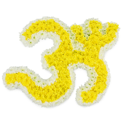 A beautifully composed floral tribute forms the sacred Om symbol, standing out clearly against a pure white backdrop that emphasises every curve and detail. The central shape is created from hundreds of small yellow blossoms, likely chrysanthemums or marigolds, packed so densely that they resemble a velvety golden tapestry. This field of yellow traces the familiar Om silhouette, from the broad lower curve to the more delicate upper arches and the distinctive crescent-like stroke, before finishing in the rounded dot at the top. Following these lines is a narrow but precise border of white flowers, each fresh petal contributing to a clean outline that suggests purity, remembrance, and peace. The lighting is bright and even, with no shadows to soften or obscure the design, so the yellows and whites appear crisp and luminous, much like the bright daylight over Oxford's Botanic Garden. The arrangement looks as though it has just been completed by a skilled local florist, every bloom carefully angled so that the surface appears soft yet structured. There is a quiet solemnity to the image, with no extra greenery or decorative elements to distract from the symbolism. It is easy to imagine this piece placed beside a photograph at a funeral service or memorial in Oxford, perhaps in Headington, Summertown, or near the Cowley Road, where families gather to honour a life steeped in spiritual practice. The floral Om invites reflection and gentle prayer, offering a tender, respectful way to say goodbye while acknowledging the continuity of the soul and the comfort of shared beliefs.