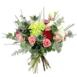 Viewed against a stark white studio background, this hand-tied bouquet reads as a confident, textural composition designed to delight both the eye and the senses. A generous, lime-green hydrangea forms the central focal point - a plush, almost cloud-like sphere whose tiny petals create a voluminous softness. Surrounding it, a mix of roses sets a layered emotional tone: deep red roses deliver classic romance and depth, while pale pink and cream roses offer a gentle, intimate counterpoint. Coral-pink carnations, with their crinkled, frilly petals, add warmth and tactile contrast, while metallic blue-grey Eryngium thistles introduce sculptural edges and a cool, modern accent. The foliage is an intentional study in tone and aroma: round, silvery eucalyptus leaves provide a breezy, aromatic veil and modern colourway, and long, narrow green blades lift the bouquet's silhouette, lending airiness and a hint of wild meadow movement. The stems are neatly gathered and visible at the base, finished with a natural twine that underlines the bouquet's handcrafted quality. Close your eyes and you can almost sense the layered fragrance - the rose's sweetness softened by eucalyptus - and feel the textural play from soft petals to spiky thistle. As an Oxford florist I picture this piece arriving as a thoughtful gift for a birthday or anniversary, or sitting centrally on a dining table near Gloucester Green or Jericho, where its fresh, contemporary palette brings calm sophistication. Flowers Oxford prepares this style for local delivery, reflecting the city's mix of historic charm and modern taste.