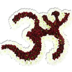 Against a spotless white field, a large floral Om (Aum) symbol is rendered with meticulous floristry, its silhouette carved from thousands of tiny blooms. The symbol's body is densely packed with deep red to maroon chrysanthemum-like flowers whose small lime-green centres peek out as subtle dots of contrast, lending the surface a lively texture despite its solemn tone. A substantial, undulating rim of snow-white spray chrysanthemums frames every loop and inward curve, the crisp white petals acting like a halo that sharpens the Om's ancient shape and brings clarity to each fold of the motif. The arrangement feels both intimate and monumental: petals layered so closely they suggest a soft, tactile surface you could almost brush with your fingertips, and studio lighting that gently sculpts the form with a delicate drop shadow beneath, reinforcing its sculptural depth. The scent is faintly earthy and grounding, the visual language conveying reverence and peace suitable for a yoga retreat, a puja, or a funeral wreath at a city chapel. A local florist's hand is evident in the precision of alignment and the balance of colour-choices that would resonate at spiritual gatherings in Oxford's quieter corners, from a small ceremony in Jericho to reflective services near the Covered Market. This picture, precise and reverent, communicates craftsmanship, cultural respect, and the quiet dignity of floral tribute without overstating any element beyond what can be seen.