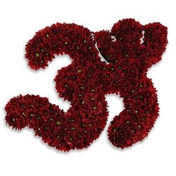 A reverent floral offering shaped into the sacred Om symbol, its curves and countercurves entirely formed from deep red chrysanthemum blooms packed with patient care. Each blossom is small and button-like, petals folded into a velvety disk of garnet and crimson; the tiny bright green centers peek intermittently through the massed petals, providing a quiet counterpoint of living colour within the solemn red. Against a pristine white backdrop the Om rests with a soft gray shadow beneath, giving a gentle sense of lift as though placed on a white altar cloth in a quiet chapel or a private room near St Giles or Jericho. Up close you can almost imagine the faint, earthy sweetness and leafy green waft of fresh chrysanthemums-comforting, grounding and subtle rather than perfumed-an aroma that steadies the spirit during moments of remembrance. The craftsmanship is evident in the way each swirl is balanced: petals are pressed close to make smooth lines, yet the overall form preserves a softness that allows light to graze and reveal texture rather than flatness. The composition speaks of consolation and presence, an offering meant for ritual, memorial or meditation where shape and scent quietly hold space. As a local florist might explain, this piece reads as a visual prayer-precise in its making, gentle in its effect-suitable for a ceremony in Oxford's peaceful corners such as the Botanic Garden or a small gathering on St Aldate's.