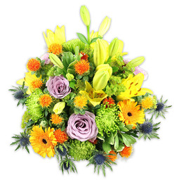 A densely packed, joyful floral mound set against a clean white backdrop, composed to balance exuberant colour with refined texture. Dominant yellow Asiatic lilies provide upward movement: some blooms are open and speckled at their centres, while others remain as chartreuse-tinged buds, suggesting growth and anticipation. Interspersed are pale lavender-purple roses, their soft, spiralled petals offering a calming counterpoint to the vivid oranges-large, sunny Gerbera daisies whose flat rays and dark centres punctuate the bouquet like cheerful beacons. Bright lime-green button chrysanthemums fill negative space with a cushiony, almost moss-like texture, while little spiky globe accents in orange and golden-yellow add playful pops and varied rhythm across the form. Collectively these warm elements are cut through by the cool, architectural presence of blue-grey Eryngium thistles; their bristling, star-shaped heads sit low and to the sides, giving the arrangement a contemporary edge. A variety of glossy and matte greens-lily leaves, oval fillers and delicate sprigs-frame the composition so the eye travels through layers of colour and texture. The overall effect is one of celebration tempered with refinement: an arrangement that would brighten a birthday table, lift a get-well room, or serve as an uplifting centrepiece for a dinner near the Botanic Garden or on High Street. Gentle, natural lighting highlights the satiny petals and the contrast between soft rose curves and the thistle's crystalline feel. Available for careful local delivery across Oxford, this bouquet conveys warmth, optimism and the attentive hand of an experienced florist.