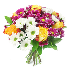 A lavish mixed bouquet fills the frame, photographed head-on against a clean white background so the colours appear almost luminous. The design has a soft, rounded dome shape, every stem placed with care to create balance and fullness. Dominating the centre are several striking roses, their petals shifting from sunny yellow at the heart to warm orange and a whisper of red at the edges, like the late afternoon light along the River Thames in Oxford. These roses are surrounded by a generous scattering of white daisy-style chrysanthemums, each bloom with a bright, almost neon lime-green centre that pops vividly against the snowy petals, giving the arrangement a crisp, modern feel. Between the white flowers and warm roses, clusters of smaller, deeply coloured magenta and fuchsia chrysanthemums are tucked in, their many-layered petals forming plush, rounded heads with yellow-green centres that echo the daisies and tie the palette together. Lush dark green foliage, reminiscent of ruscus, peeks out between the flowers, adding depth, natural contrast, and a slightly wilder edge, like greenery you might see around Christ Church Meadow. At the base, the stems are clearly visible, neatly trimmed and gathered, their greenish-brown tones providing an earthy counterpoint to the vivid blooms. The bouquet's overall impression is one of joyful abundance and thoughtful craftsmanship, a design that would feel equally at home brightening a college room in central Oxford or placed on a kitchen table in Summertown to celebrate a special day or a heartfelt thank-you.