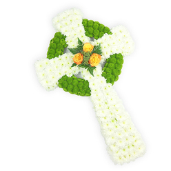 This image shows a carefully balanced floral Celtic cross composed entirely of fresh blooms, presented against a crisp, white backdrop and viewed from just above so the circular knot at its centre is clear. The structural mass of the cross is formed from tightly clustered white spray chrysanthemums whose soft, feathery petals give a sense of serenity and purity; their texture reads like pale, cushiony clouds. Interspersed in deliberate sections are bright apple-green button chrysanthemums, arranged to define the central ring and to punctuate alternating segments along the arms, their spherical shapes adding a pleasing, tactile contrast against the white. Anchoring the design at the junction is a trio of vivid orange roses - rich amber-orange rather than harsh scarlet - whose rounded, velvety petals open like a small sunrise, introducing warmth and human tenderness to the geometry of the cross. Dark green fern-like foliage arcs gently around the roses, providing depth and a grounding botanical frame. The composition feels both contemporary and respectfully traditional, appropriate for a funeral or commemorative service and quietly resonant for anyone of Irish descent because of its white, green and orange palette. Soft, even lighting highlights the petals' delicate edges and the shadowed contours between bloom clusters, allowing the arrangement's three-dimensional craftsmanship to be appreciated. As an arrangement that would be chosen for a memorial at a local chapel near the Covered Market or a service held close to University Parks, this piece balances dignity with approachable warmth, offering a composed visual language of remembrance.