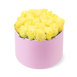 A round pastel pink hat box brimming with yellow roses sits alone against a crisp white background, like a little sunlit treasure brought in from an Oxford garden. The arrangement consists of roughly two dozen roses, each blossom carefully placed so their open faces form a smooth, rounded dome above the box. The petals are tightly layered, unfurling from rich golden centres into softer, buttery yellow edges, giving the impression of depth, texture, and gentle movement. There are only delicate hints of greenery visible between the blooms, ensuring that the vibrant yellow remains the star of the design. The cylindrical box is a soft, powdery pink with a matte finish, reminiscent of suede or velvet gift boxes found in independent shops around Cornmarket Street and the Covered Market. Its understated colour and minimalist design frame the roses with quiet luxury, creating an elegant contrast that feels both contemporary and timeless. Soft, even lighting washes over the arrangement, eliminating harsh shadows and allowing each petal's curve and every subtle colour shift to be clearly seen, as if the flowers are basking in filtered daylight from an Oxford townhouse window. The overall mood is joyful yet refined, making this image ideal for conveying the spirit of thoughtful gifting-perhaps a surprise delivery to celebrate exam results near the university colleges, a warm thank-you for a kind neighbour in Headington, or a cheerful Mother's Day present. It embodies the symbolism of yellow roses: sincere friendship, encouragement, and a hopeful start to new chapters.