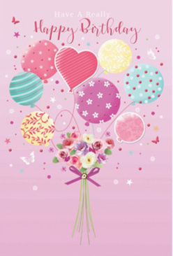 Whimsical birthday artwork featuring a floating bouquet and balloons, imagined as though it has just been crafted by a friendly Oxford florist for a joyful celebration at home. The scene unfolds on a gentle blush-pink backdrop, reminiscent of evening skies over Christ Church Meadow, where the light feels soft and serene. A cluster of pastel balloons rises gracefully, each one unique in personality and pattern: some swirled with candy-coloured stripes, others sprinkled with playful polka dots or delicate floral prints, and a central heart-shaped balloon radiating affection. Their colours - rosy pink, sea-glass green, buttery yellow, and lilac - blend harmoniously, creating a calm, uplifting palette. From the base of the artwork springs a dainty hand-tied bouquet, as if acting as the anchor to this floating celebration. The flowers themselves are fresh and full, with roses and anemone-like blossoms in ivory, blush, and soft mauve, their petals finely detailed to show soft ruffles and velvety texture. A violet satin bow gathers the stems, its sheen catching the same gentle light that highlights the sheen on the balloons. Scattered around are tiny stars and fluttering butterflies, giving the impression of a birthday wish drifting through the air over Oxford's leafy parks. The whole composition feels like a moment of pure happiness, the kind of greeting that could easily accompany same-day flower delivery across Oxford, bringing a smile to someone in Jericho, Headington, or just off the Cowley Road.