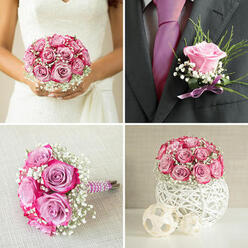 In this photograph, the bride's bouquet takes centre stage as it rests against the intricate lace of her gown, a delicate composition of roses and gypsophila that exudes romance and understated luxury. The bouquet features tightly clustered blush pink and lilac roses, their petals layered in soft spirals, creating a rounded, almost cushion-like silhouette. The pinks are gentle and powdery, the lilacs cooler and more serene, together creating a colour palette that feels tender and refined. Surrounding and intermingling with these roses is a cloud of fine white gypsophila, its tiny blossoms forming a light, feathery frame that softens the edges of the bouquet. This airy halo gives the arrangement a sense of weightlessness, as though the flowers were suspended in the soft daylight that seems to wash over the scene. Behind the bouquet, the bride's lace dress is partially visible, its detailed pattern echoing the delicate distribution of the gypsophila flowers. The interaction between the smooth rose petals, the dainty gypsophila, and the textured lace creates a rich tapestry of surfaces, each enhancing the others. The overall composition feels intimate, as if captured during a quiet moment near the entrance of an Oxford chapel or beneath the stone arches of a college cloister. The bouquet appears freshly made, every rose head firm and hydrated, the stems likely bound securely and discretely beneath the blossoms. This is the kind of floral design that would be carried proudly down the aisle at Oxford Town Hall or in a riverside venue near Iffley, embodying the joy and hope of the day. You can imagine the bride breathing in the soft, sweet scent of the roses as she prepares to walk towards her future, the bouquet a tangible symbol of love and new beginnings.