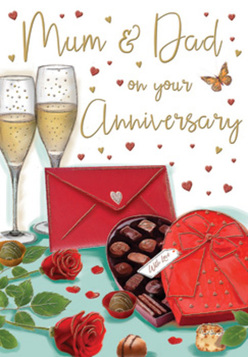 This anniversary card illustration feels like a quiet celebration in an Oxford home, perhaps overlooking one of the leafy streets around Jericho or Summertown. Two elegant champagne flutes stand close together at the centre, each filled with softly shimmering golden fizz. The bubbles are captured mid-rise, creating a sense of movement and anticipation, as though a toast between long-time partners is just about to begin. To one side, a heart-shaped box of chocolates, lavishly wrapped in deep red with a wide satin bow, sits open and inviting. Inside, neatly arranged chocolates glisten with a subtle sheen, suggesting rich flavours to be shared slowly over the evening. In front, two sumptuous red roses rest on the tabletop, their petals dense and velvety, with dark green leaves framing their vivid colour. They look like they were freshly chosen from a florist on the way home through central Oxford-a thoughtful anniversary gesture brought indoors. A scattering of chocolates and a carefully placed scarlet envelope add layers of intimacy; the envelope looks as though it holds tender words written just for Mum and Dad. Across the warm background, small gold and crimson hearts drift around handwritten greetings, echoing the romance of the scene. The lighting feels soft, as if cast by a nearby lamp or candle, wrapping glass, ribbon, and petals in a gentle glow. The card captures the essence of an anniversary spent in familiar surroundings: the clink of glasses, the sharing of sweets, and the quiet comfort of a love that has grown over many years in the heart of Oxford.
