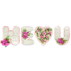 Against a pristine white surface, a bespoke floral tribute spells out H E followed by a heart and U, each element revealing careful florist workmanship and a gentle emotional tone. The three letters are fashioned from compact white chrysanthemums whose small, clustered blooms create a velvety, textured field; each is framed by a soft blush pink satin ribbon that adds a refined edge and a hint of rosy warmth. Fuchsia pink roses are used as intentional accents, one grouping crowning the lower left of the H, a bolder trio punctuating the central arm of the E, and a modest pair sitting in the inner curve of the U, all balanced by dark green fern like leaves and tiny reddish-pink berries that bring contrast and depth. The central heart substitutes for a letter and is deliberately softer in palette: layered pale pink carnations, blush lisianthus or petite roses mingle with light green eucalyptus to form a luscious, rounded silhouette that reads of tenderness and memory. The mix of textures - the smooth satin ribbon, the feathery eucalyptus, the tightly packed chrysanthemum faces and the ruffled carnation edges - creates a sensory whole that feels both tactile and fragrant. This composition is appropriate for funeral flowers, a commemorative dedication or a personal, romantic message, offering peace in tone and clarity of intent. Imagine this arrangement delivered with care to a chapel in Oxford or placed beside a loved ones memorial; it conveys devotion, comfort and understated elegance.
