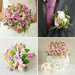A refined wedding collection is presented in four panels, each one echoing the same soft pink, lilac, and fresh green colour palette, perfect for a romantic Oxford ceremony and reception. In the upper-left panel, the lower half of a bride in a white lace dress is shown holding a generous, rounded bouquet close to her waist. The flowers are tightly packed: light pink and lavender roses in full and half-open bloom, vivid green button chrysanthemums, pale pink alstroemeria dusted with hints of yellow, and clouds of white baby's breath, all nestled into rich green foliage. The bouquet feels freshly gathered, as if it has just arrived from a local florist near Oxford's Covered Market. The upper-right panel moves closer to the groom's detail, centring on a dark charcoal suit jacket and deep fuchsia tie. Pinned to the lapel is a delicate boutonniere built from a single pale pink rosebud, one or two bright green button chrysanthemum heads, tiny sprigs of baby's breath, and slender green grass accents, all neatly tied with a matching pink ribbon for a polished yet gentle look. In the lower-left image, a coordinating bouquet lies horizontally on a light beige textured cloth, perhaps waiting on a dressing table in Summertown or Jericho. The stems are banded in a fuchsia ribbon wrap, revealing the craftsmanship in the binding. The lower-right panel highlights a rounded table centrepiece placed on a clean white surface. Pink and lavender roses, green chrysanthemums, pink alstroemeria, and baby's breath fill a white, lattice-patterned globe vase, with two smaller woven spheres beside it. The overall impression is of a carefully curated Oxford wedding scheme where every floral element, from personal flowers to tables, feels harmoniously linked.